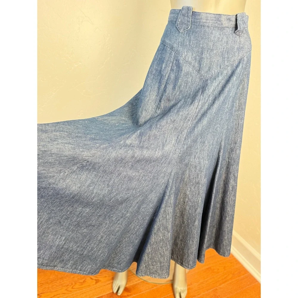 Vintage Circle T‎ by Marilyn Lenox Denim Maxi Skirt Flared Godet Western Cowgirl